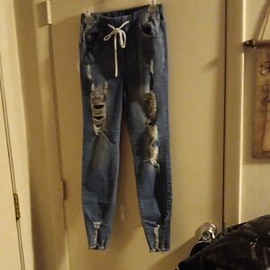 Distressed Blue Jeans with Drawstring
